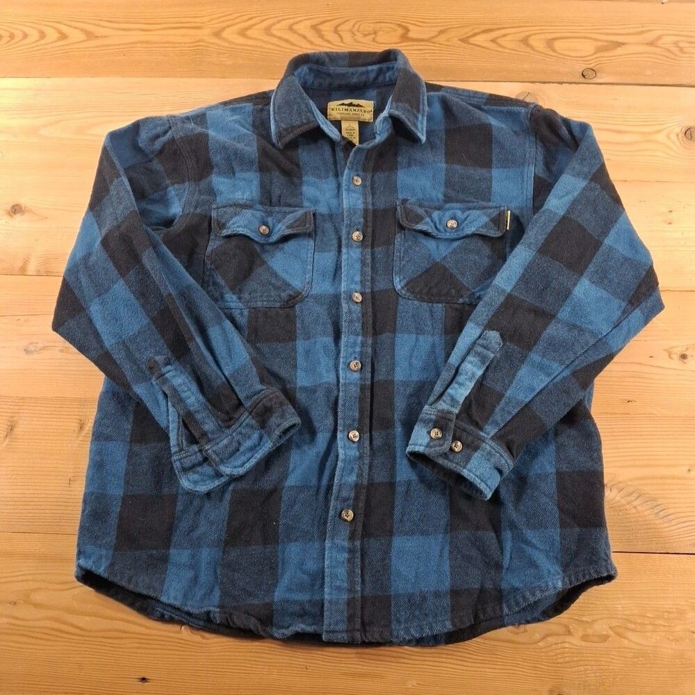 kilimanjaro flannel Vintage Mens Size Large Blue Plaid Long Sleeve Button Up